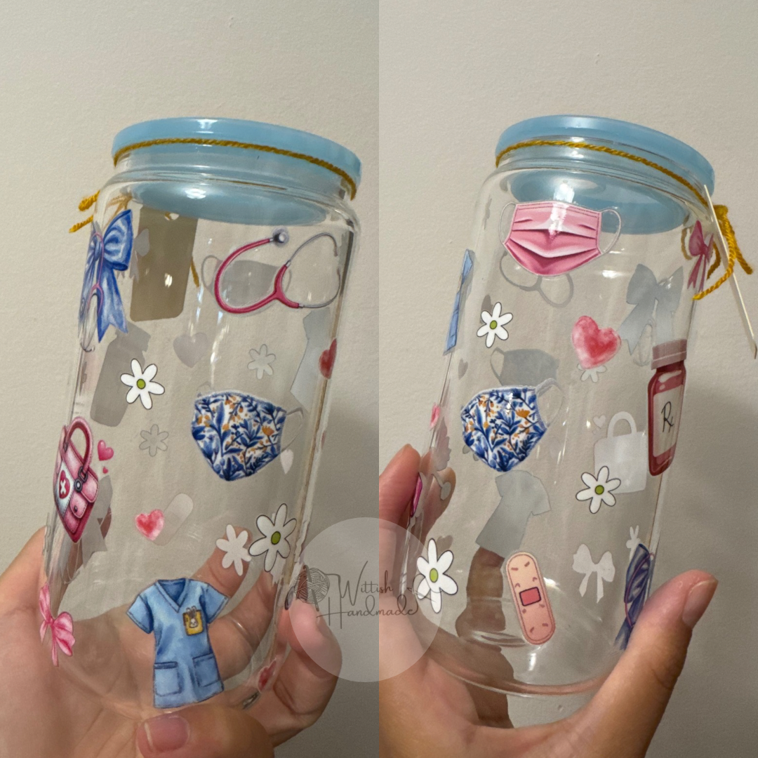 Glass Cups (UV DTF Print) 16oz. w/ lid, straw and straw brush cleaner