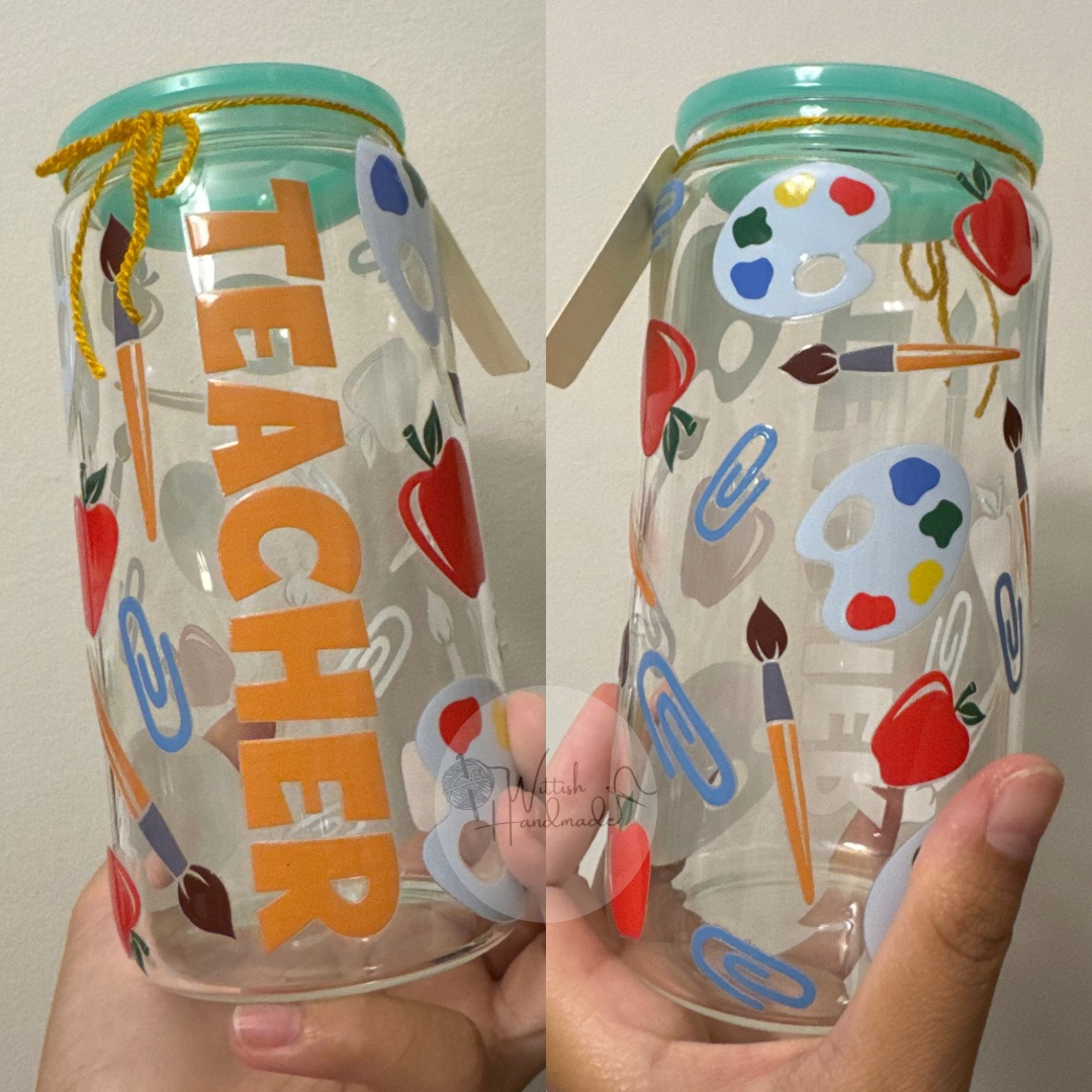 Glass Cups (UV DTF Print) 16oz. w/ lid, straw and straw brush cleaner